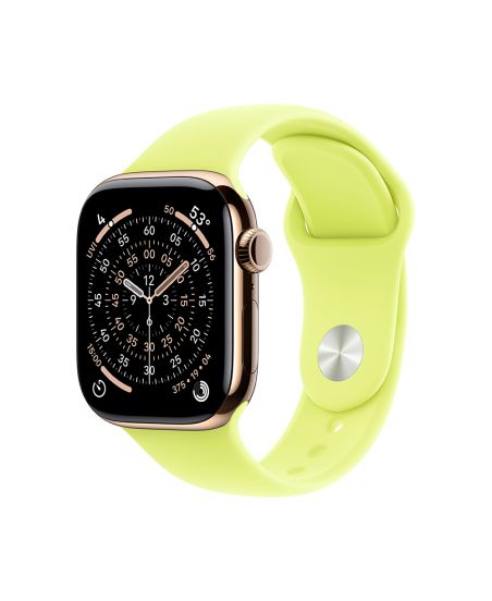 Apple Watch Series 11, 42 mm, Gold Titanium GPS+Cellular, Neon Yellow Sport Band S/M