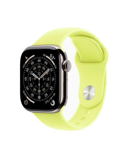 Apple Watch Series 11, 42 mm, Nalural Titanium GPS+Cellular, Neon Yellow Sport Band M/L